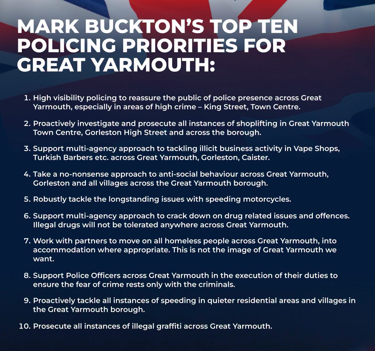 _SaveBritain's tweet photo. "Restore Britain/Great Yarmouth First candidate Mark Buckton's policing priorities for Great Yarmouth. Agree? Then let's get a Police and Crime Commissioner who truly cares about Great Yarmouth on July 16th"

Great Yarmouth First Facebook page https://t.co/Z9IgMGKWir https://t.co/QFIpQ9bD6Z