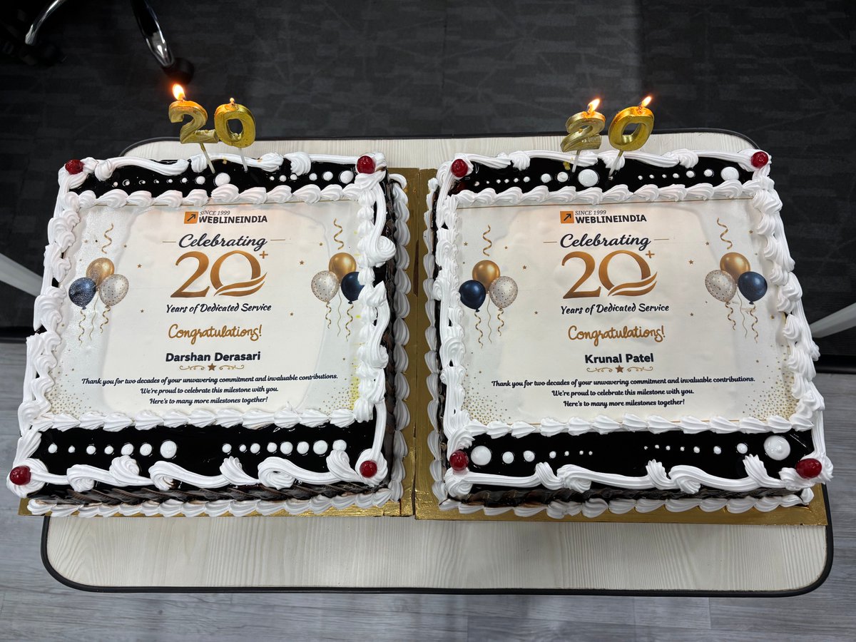 WeblineIndia's tweet photo. Cheers to 20 incredible years! 🎉 Congratulations to Mr. Darshan Derasari and Mr. Krunal Patel on this remarkable milestone at WeblineIndia. Thank you for your dedication and inspiring commitment! 🥳👏 #WeblineIndia #20YearsStrong https://t.co/WE1w52tZ3a