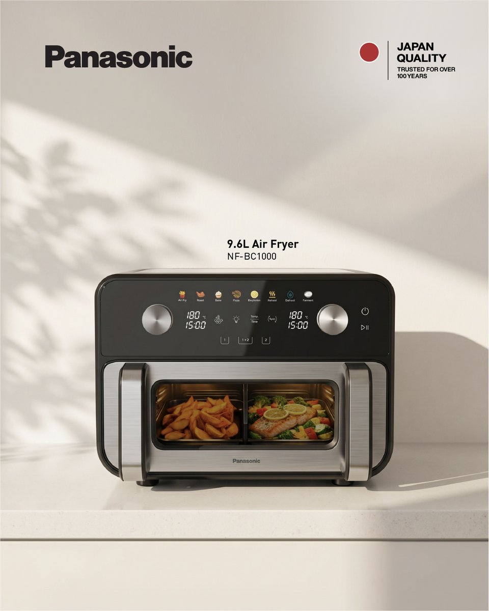 Panasonic_MEA's tweet photo. طبخ مزدوج، نكهة كاملة، وقت أقل.
مقلاة الهواء من باناسونيك NF-BC1000، سعة ٩.٦ لترات ومنطقتا طهي مستقلتان.

Dual-zone cooking, full flavor, less time.
Panasonic Air Fryer NF-BC1000, 9.6L capacity with two cooking zones.
#JapanQuality https://t.co/IQdbNpxj95