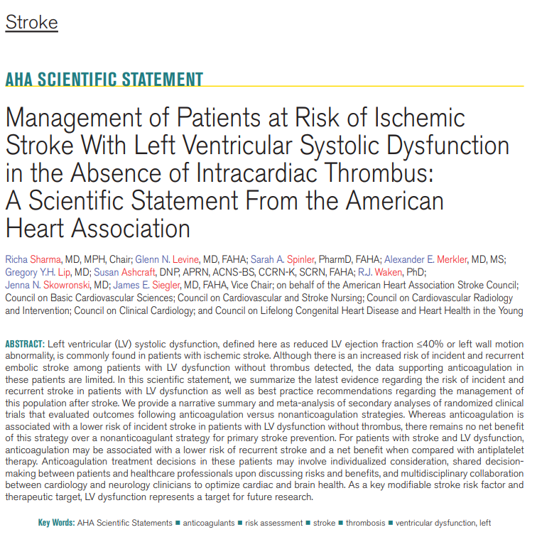AHAScience's tweet photo. Left ventricular systolic dysfunction is not uncommon in the ischemic stroke population with some studies showing between 5%- 25% with ischemic stroke in persons with a lower left ventricular ejection fraction (LVEF).  https://t.co/Jgu23h0BQV

This scientific statement summarizes the latest evidence regarding the risk of incident and recurrent stroke in patients with LV dysfunction as well as best practice guidance regarding the management of this population after stroke.

✍🏼  @RichaSharmaMD @JimSiegler @LiverpoolCCS @JennaSkowronski