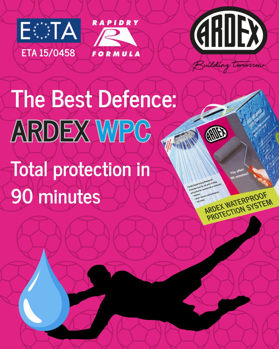 ARDEXUKTiling's tweet photo. For the best defense in 90 minutes – think ARDEX WPC, waterproof protection system ⚽💧

Get total protection against water ingress in your shower, bathroom or wet room project this summer.

Product Info: https://t.co/F9FQom2EDR

#tanking #waterproofing #tiling https://t.co/vfyQgl96NP