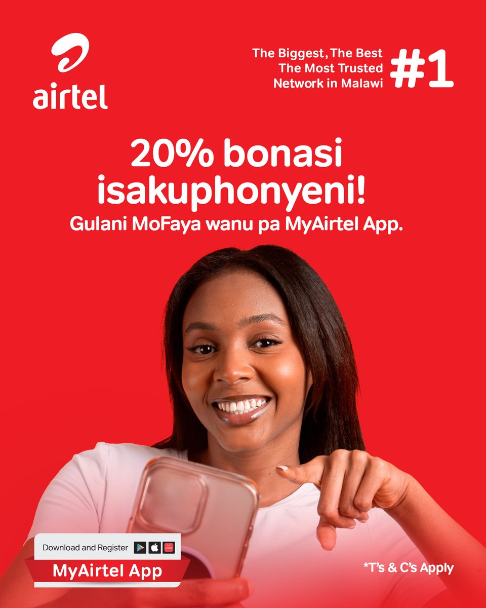AirtelMalawiPlc's tweet photo. 𝗞𝗔 𝟮𝟬% 𝗕𝗢𝗡𝗨𝗦 𝗞𝗨𝗡𝗚𝗢𝗞𝗔𝗦𝗜𝗬𝗔𝗦𝗜𝗬𝗔?

Mayazi😂

Gulani MoFaya wanu pa 𝗠𝘆𝗔𝗶𝗿𝘁𝗲𝗹 𝗔𝗽𝗽 https://t.co/3fl69J9Jbz ndikulandira 20% data pamwamba pa yomwe mwagulayo.

#AirtelMalawi #DataBonus #MyAirtelApp #TheBiggestTheBestTheMostTrusted #TheFayaNeverStops🔥 https://t.co/vWjKFN5kjf
