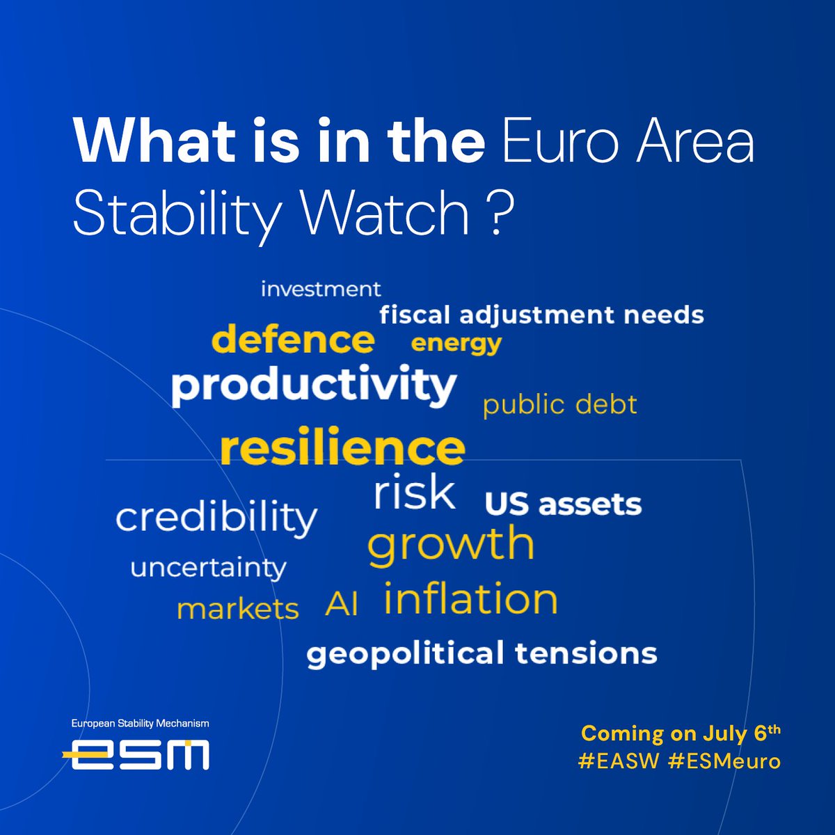 ESM_Press's tweet photo. 𝗢𝗻 𝟲 𝗝𝘂𝗹𝘆, 𝘄𝗲 𝘄𝗶𝗹𝗹 𝗽𝘂𝗯𝗹𝗶𝘀𝗵 𝘁𝗵𝗲 𝗘𝘂𝗿𝗼 𝗔𝗿𝗲𝗮 𝗦𝘁𝗮𝗯𝗶𝗹𝗶𝘁𝘆 𝗪𝗮𝘁𝗰𝗵, 𝗮 𝗻𝗲𝘄 𝘀𝘁𝗲𝗽 𝗶𝗻 𝗵𝗼𝘄 𝘁𝗵𝗲 𝗘𝗦𝗠 𝗰𝗼𝗻𝘁𝗿𝗶𝗯𝘂𝘁𝗲𝘀 𝘁𝗼 𝗳𝗶𝗻𝗮𝗻𝗰𝗶𝗮𝗹 𝘀𝘁𝗮𝗯𝗶𝗹𝗶𝘁𝘆.

As part of the ESM’s crisis prevention mandate, the report provides an annual assessment of risks to the euro area economy and examines whether resilience can be sustained as external risks intensify and fiscal buffers erode. It focuses on sovereign vulnerabilities and includes a dedicated analysis on the economic impact of increased defence spending.

Curious to learn more? The word cloud below offers a first glimpse of the themes and insights you can expect 👇

#EASW #ESMeuro