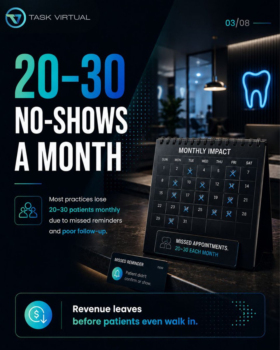 TaskVirtual's tweet photo. Your front desk protects your revenue. Missed reminders and poor follow-up can cost dental practices thousands. Hire a VA from TaskVirtual to streamline admin.

TaskVirtual VA, dental office admin support, patient follow-up assistant, remote assistant services, business growth https://t.co/MLqJY4ea3Z