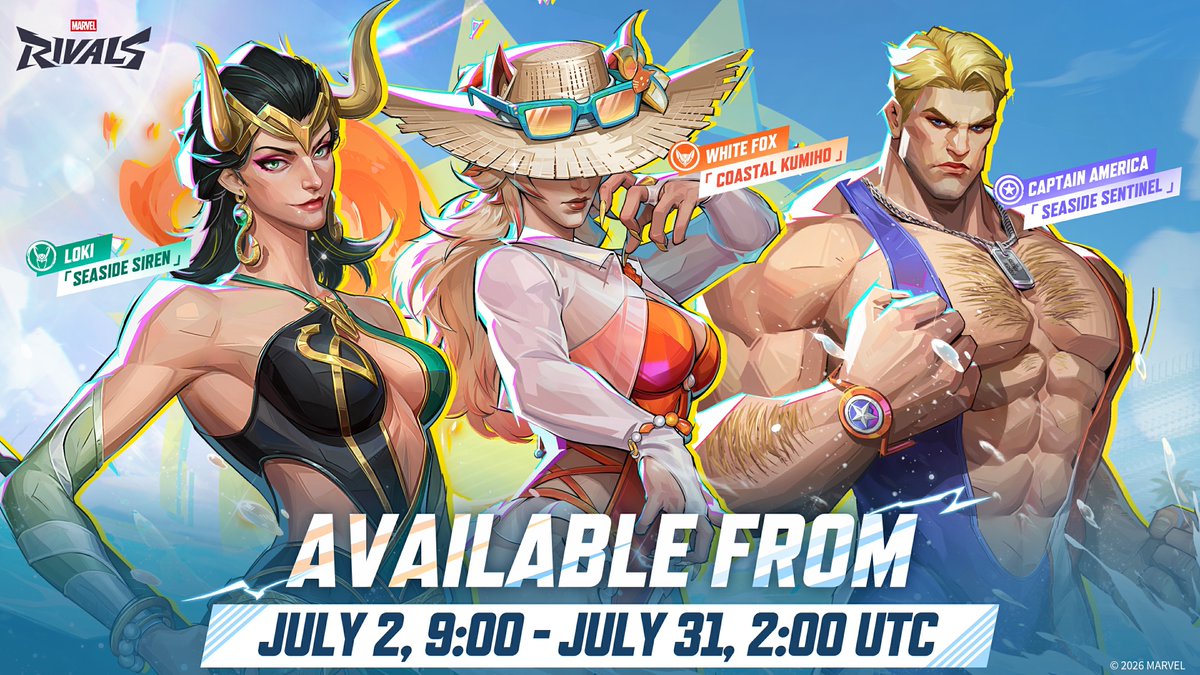 mmmmmmmmiller's tweet photo. ‼️ NOW AVAILABLE: THIS WEEK'S SKINS

They're here! All 3 remaining costumes from Wave 1 of the 2026 Swimsuit Special collection are now available in-game, with Captain America in the shop, and White Fox and Loki in the Pop &amp; Win event. #MarvelRivals https://t.co/4KvGJxPSyl