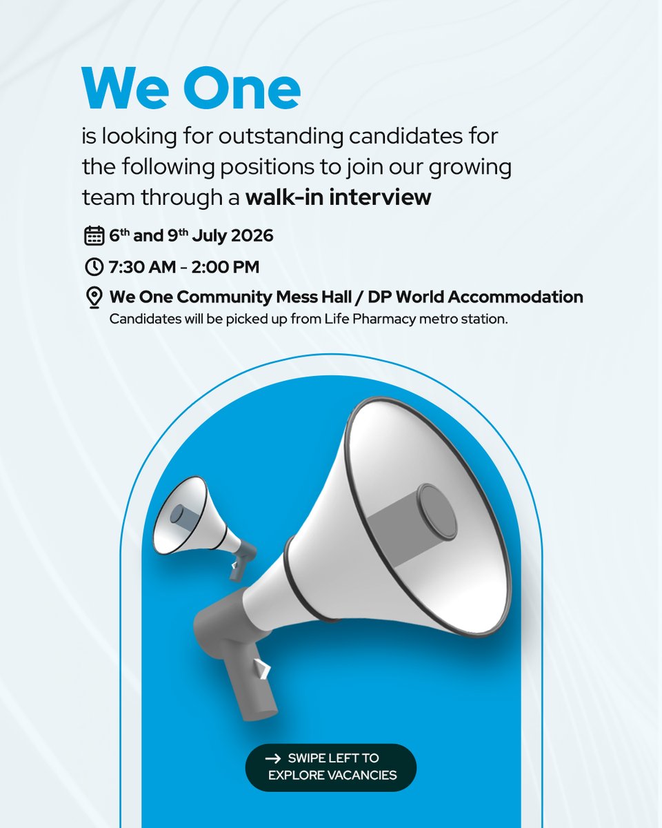 weoneservices's tweet photo. Join We One! Walk-in Interviews 🗓️July 6 & 9, 2026 ⏰7:30AM-2PM 📍We One Community Mess Hall/DP World Accommodation (pickup from Life Pharmacy metro).
Bring CV, passport & visa copy.
Apply:https://t.co/GsIIoa4t4z
#WeOne #Recruitment https://t.co/sByyNac9Ob