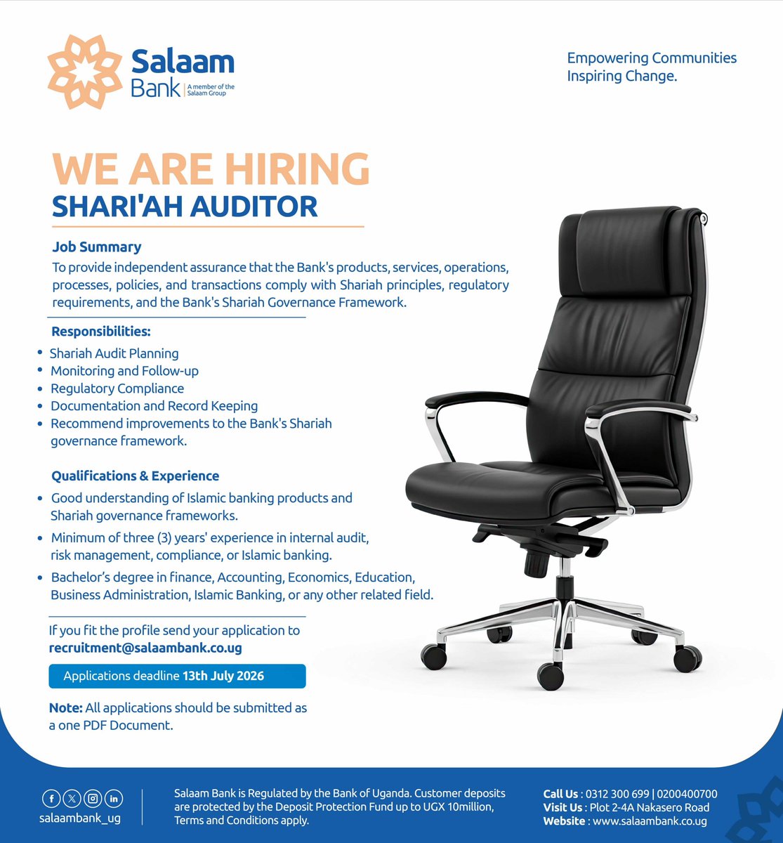 salaambank_ug's tweet photo. ๐๐'๐ซ๐ ๐๐ข๐ซ๐ข๐ง๐ !๐
Join our team as the Shariโah Auditor.
Interested candidates should apply via recruitment@salaambank.co.ug.
For more information, visit: https://t.co/D5odOVNU1x
#jobad #empoweringcommunities #InspiringChange https://t.co/BJ4YFPtquY