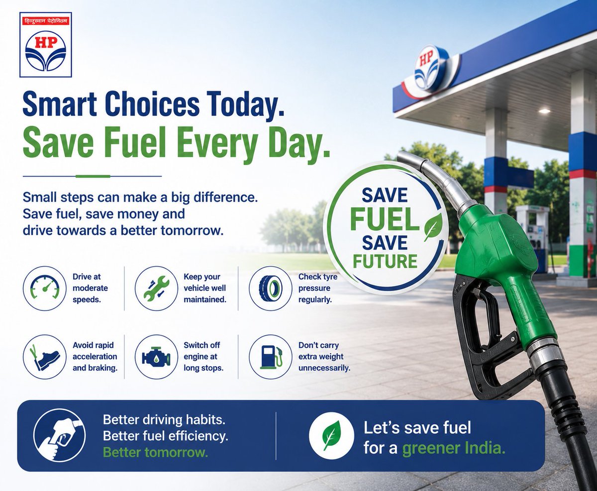 HPCL_Mumbai's tweet photo. Every drop of fuel saved is a step towards a greener tomorrow. 🌍
Drive smart, avoid unnecessary idling, and maintain your vehicle regularly to improve fuel efficiency.
Small habits can make a big difference. Save Fuel. Save Future.
#HPCL #SaveFuel #FuelConservation #GoGreen https://t.co/fmHuvc8Vzl