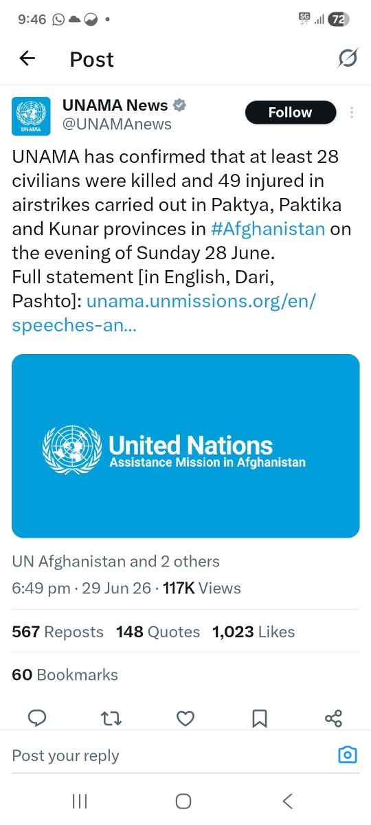 Shaima20244's tweet photo. Pakistan keeps presenting force as policy, but the result is civilian blood. UNAMA confirmed 28 civilians killed and 49 injured in Afghan provinces after strikes on 28 June. 
#PakRadicalism
 #JusticeForAfghans https://t.co/GSRpCe2vBX
