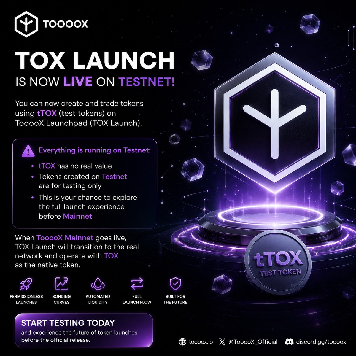 TooooX_TOX's tweet photo. **TOX Launch is now live on Testnet!**

You can now create and trade tokens using **tTOX (test tokens)** on the TooooX Launchpad(TOX Launch).

⚠️ Everything is running on **Testnet**:
• tTOX has **no real value**
• Tokens created on Testnet are for testing only
• This is your chance to explore the full launch experience before Mainnet

When **TooooX Mainnet** goes live, **TOX Launch** will transition to the real network and operate with **TOX** as the native token.

Start testing today and experience permissionless token launches, bonding curves, automated liquidity, and the full launch flow before the official release.

#Launch #TooooX #TOX #Testnet #Blockchain #Web3 #Crypto #DeFi #TokenLaunch #BuildOnTooooX