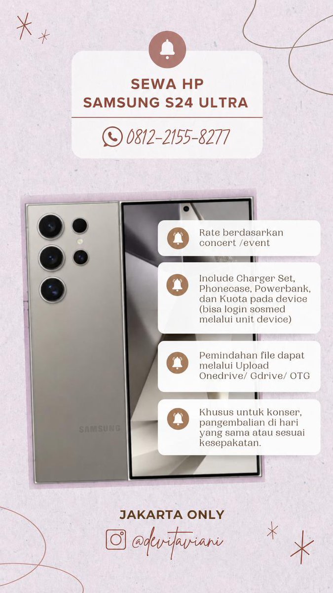 devitaviani's tweet photo. WTR OPEN RENT Samsung S24 Ultra

✅ JNJM 
✅ LYKN
✅ ICON

📍COD Venue

💯TRUSTED 

DM for Price &amp; TnC 

t. WTR sewa hp samsung s24 Ultra. Ready for NCT JNJM

#rentalhp #sewahp #JENO #JAEMIN #NCTJNJM_DUALITY #NCTJNJM_DUALITY_JAKARTA #NCTJNJM https://t.co/aZ5tVhoNYN