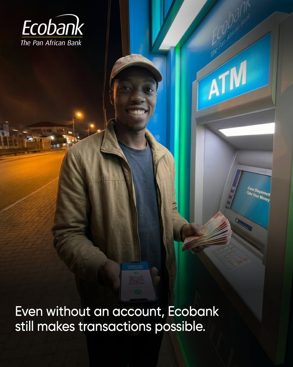 EcobankGhanaPLC's tweet photo. Even without an Ecobank account, you can still transact anywhere in Africa using an Xpress Cash token.
The only bank built for the way Africa moves money.
#Ecobank #EcobankDigital #OneScreen34Countries #BankingWithoutBorders https://t.co/nialSPWTok