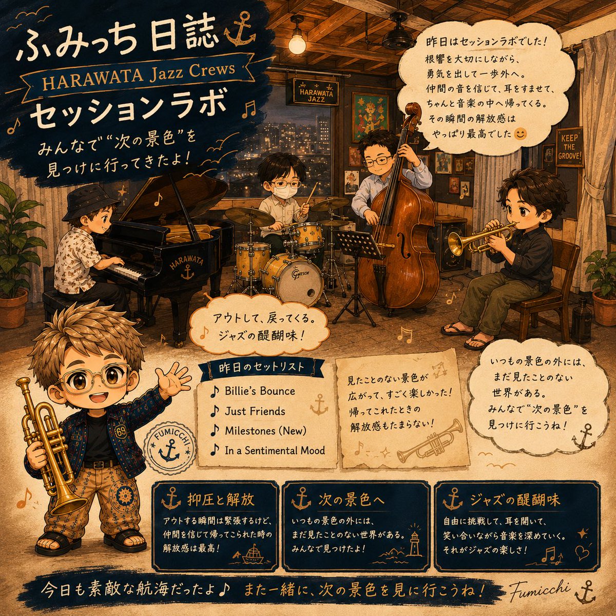 fumito1003's tweet photo. ⚓️ ふみっち日誌 🎺

昨日はHARAWATA Jazz Crewsのセッションラボ！

根響を大切にしながら、
勇気を出して一歩アウトへ。

ドキドキしながら挑戦して、
仲間の音を信じて帰ってくる。

やっぱりジャズの醍醐味は、
「抑圧と解放」。

#HARAWATAJazzCrews
 #HARAWATA
#ふみっち日誌
 #Jazz https://t.co/va7kjKqmGj