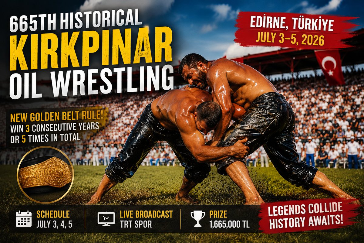 whoswhocomtr's tweet photo. 🚨The wait is over! The 665th Historical #Kırkpınar #OilWrestling begins on July 3, 2026 in #Edirne.  

📅Full schedule, live broadcast details, ticket information, and the new Golden Belt rule that could make history are all here.  
#TraditionalSports

https://t.co/l6Rg9epIfV https://t.co/MERm9vhQwj