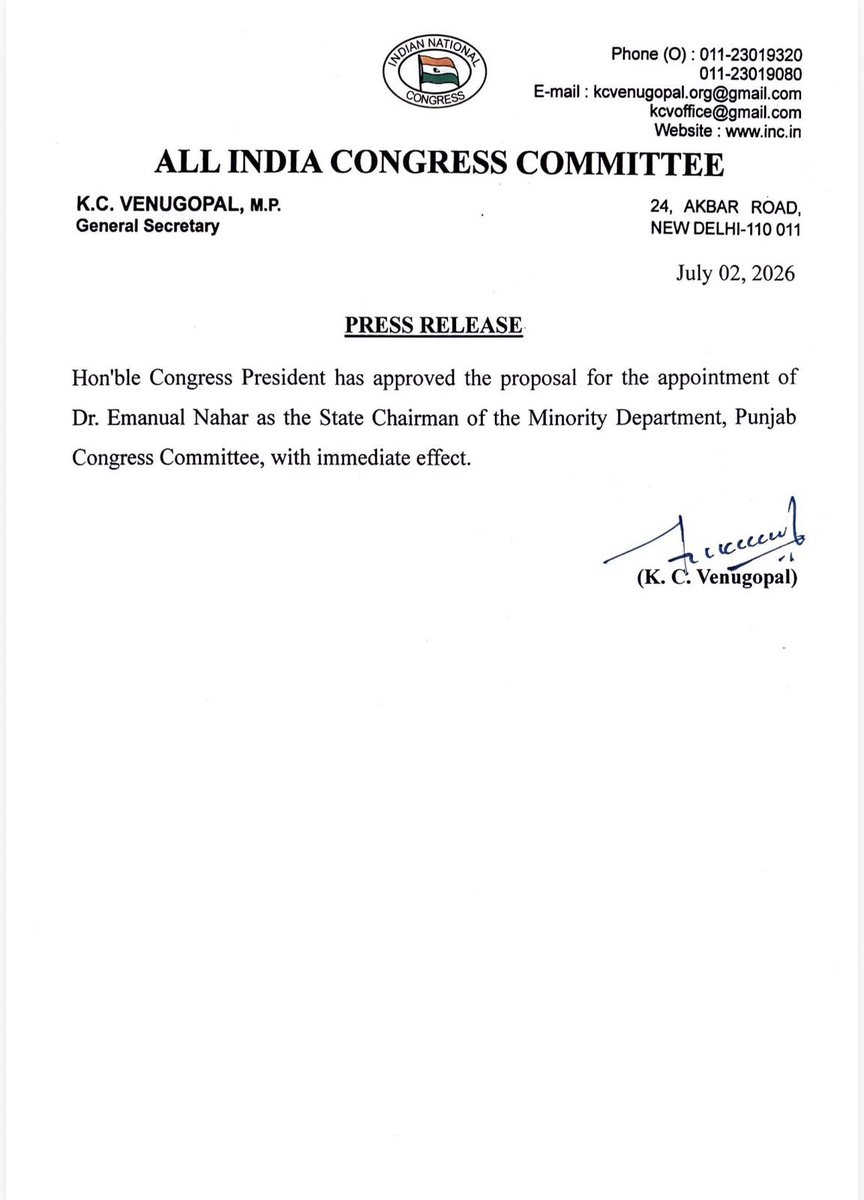 INCSandesh's tweet photo. Hon'ble Congress President has approved the proposal for the appointment of Dr. Emanual Nahar as the State Chairman of the Minority Department, Punjab Congress Committee, with immediate effect. https://t.co/gKZp869VI8