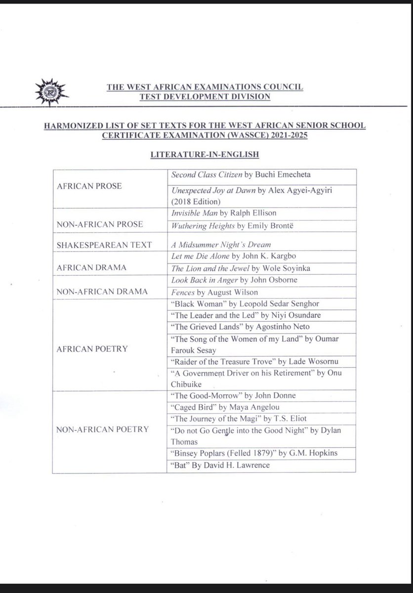 camelaeto's tweet photo. When it comes to recommended literature texts, WAEC will never ever stagger.

Their 2016-2030 run is quite frankly phenomenal.

The last agent of the anti-olodo uprising. https://t.co/SKDWXxMHni