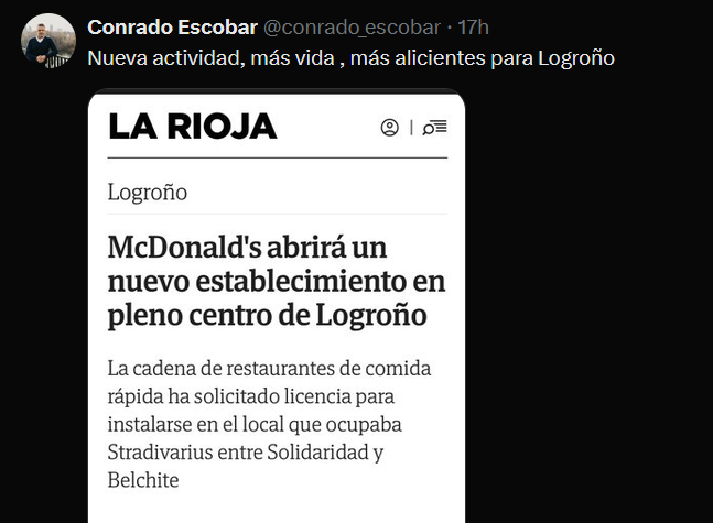 fedefedeson's tweet photo. El Big Mac, nuevo aliciente para #Logroño.
Nuestro alcalde alabando como "más vida" la comida basura. 
Nuevo incentivo para el turismo de calidad... https://t.co/3oUgKIIyUU