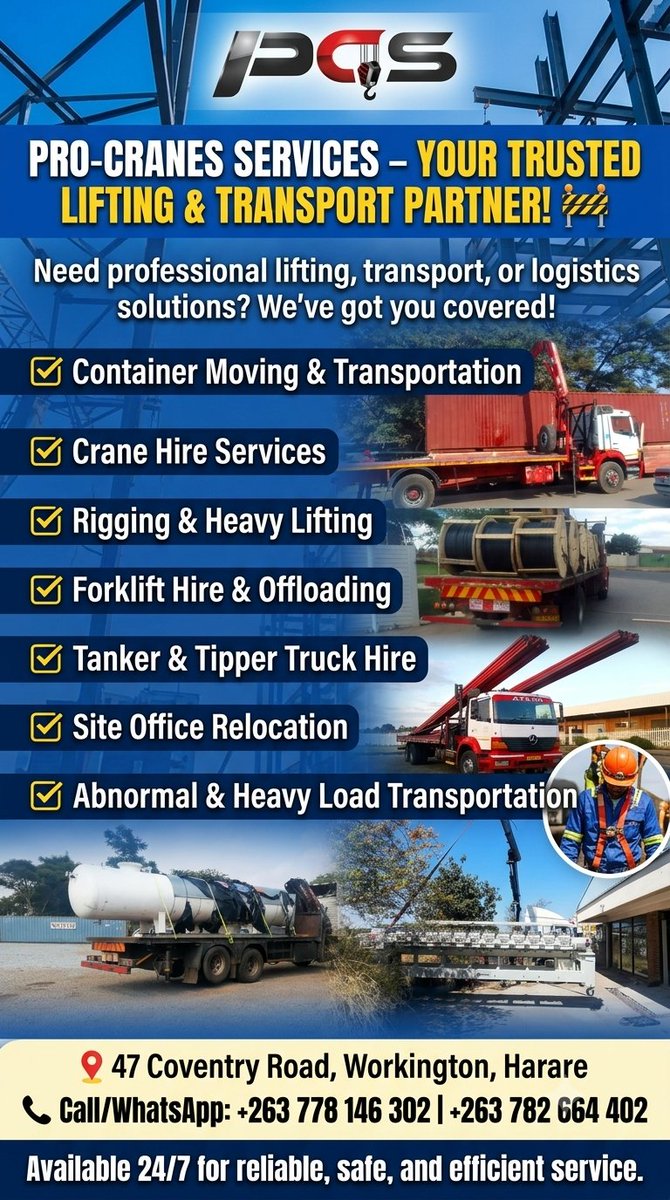 rgowera's tweet photo. PRO-CRANES SERVICES – 

✅ Container Moving &amp; Transportation
✅ Crane Hire Services
✅ Rigging &amp; Heavy Lifting
✅ Forklift Hire &amp; Offloading
✅ Tanker &amp; Tipper Truck Hire
✅ Site Office Relocation
✅ Abnormal &amp; Heavy Load 
📞 Call/WhatsApp: +263 778 146 302 | +263 782 664 402 https://t.co/RkoVJnmIo5