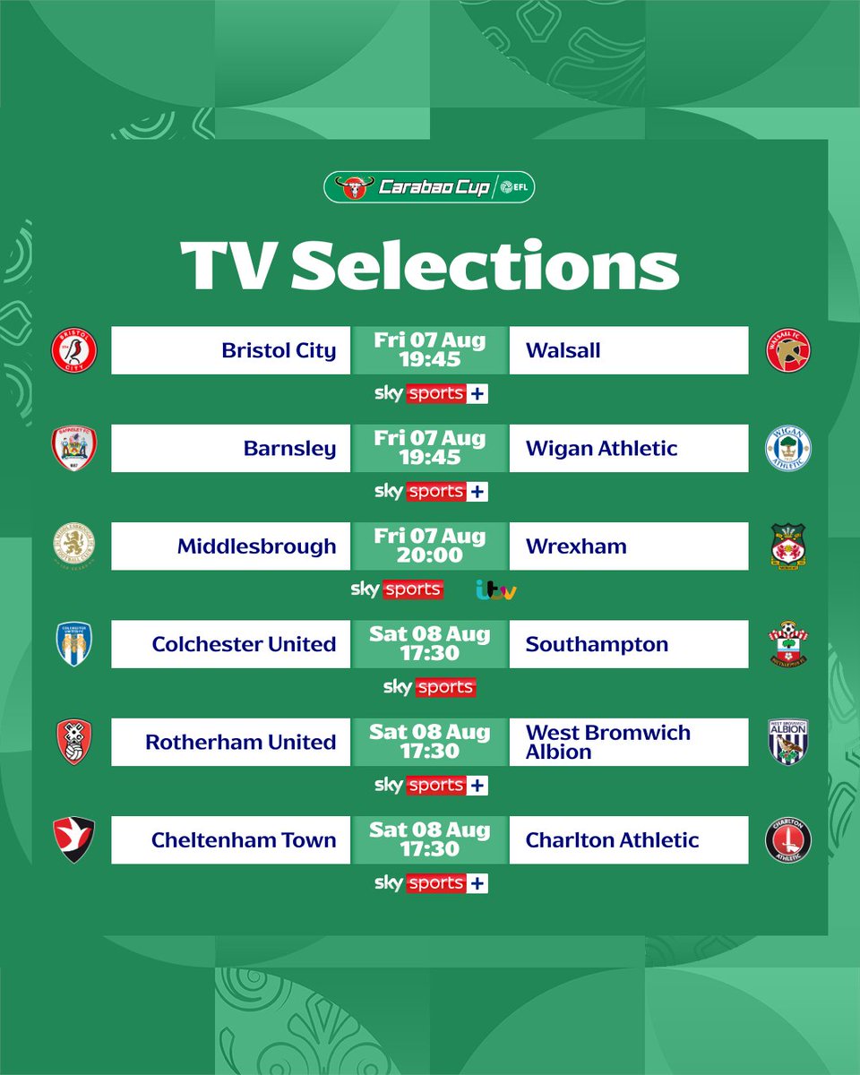 Carabao_Cup's tweet photo. TV selections for Round One of the #CarabaoCup have now been confirmed 🏆

#EFL https://t.co/CDO3jSENfr