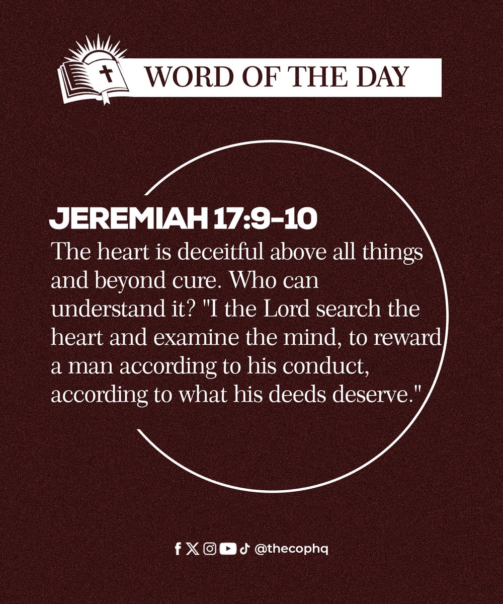 thecophq's tweet photo. The heart is deceitful above all things and beyond cure. Who can understand it? "I the Lord search the heart and examine the mind, to reward a man according to his conduct, according to what his deeds deserve."
—Jeremiah 17:9-10 https://t.co/gC27yz0xAq