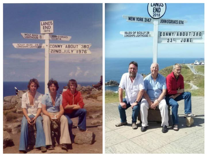 BoomRadioUK's tweet photo. Tomorrow  is the 50th anniversary of the hottest day of Summer '76 - and we're  celebrating the occasion on Boom! Listener Geoff Leech had just finished A-Levels and went to Land's End  with friends – recreating the pic in 2018. https://t.co/CnMK7xJFrJ
