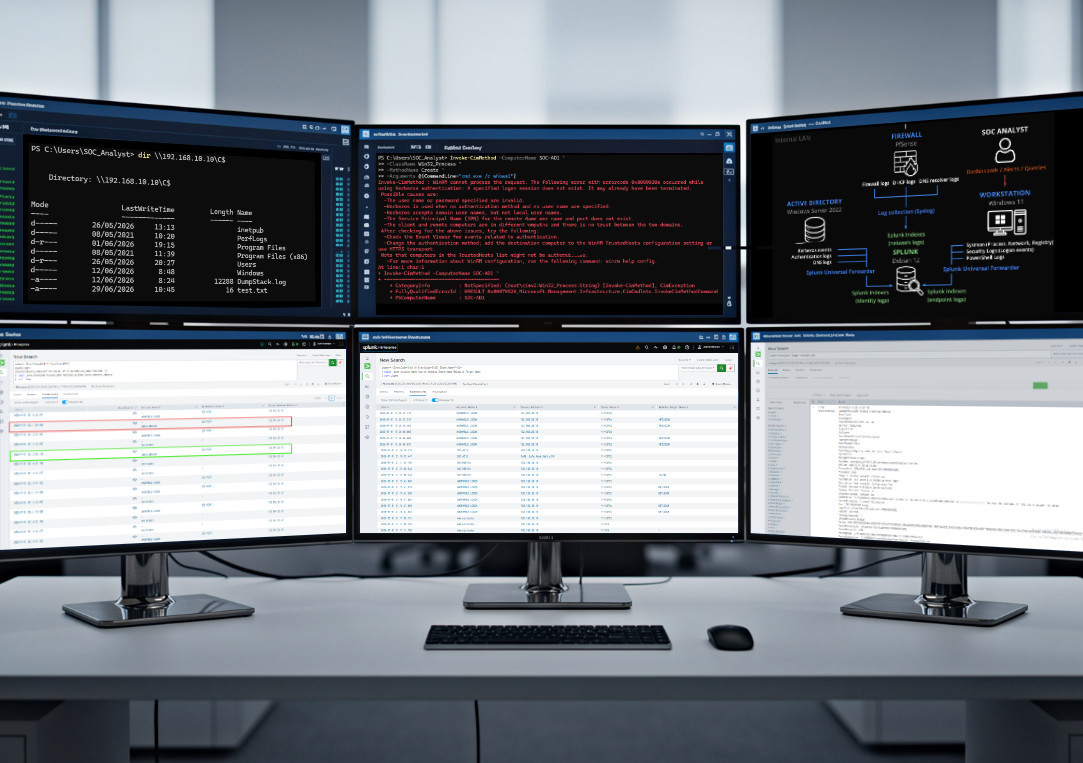 CitadelCySec's tweet photo. New article: SOC Homelab #5

Investigated AD authentication &amp; lateral movement in Splunk, including logons, Kerberos, SMB admin shares, Sysmon, and attempted WinRM/WMI/Scheduled Tasks execution.👇

https://t.co/nspvTsFrlY

#CyberSecurity #SOC #Splunk https://t.co/tIMEHZuR9M