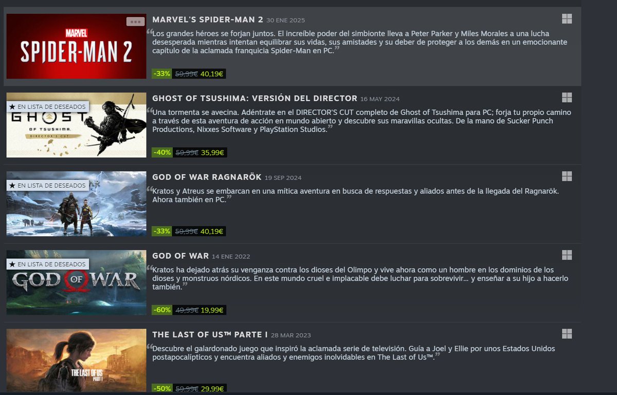 Emblemadefuego's tweet photo. Estas son las "OFERTAS" de los juegos de Sony Playstation en PC. Juegos con mas años que la polca(recordemos que estos juegos sus fechas son anteriores a su lanzamiento en Steam) con ofertas infimas. Este es el poder del monopolio que van a hacer en su tienda única en digital. https://t.co/KtAbDdKoGr