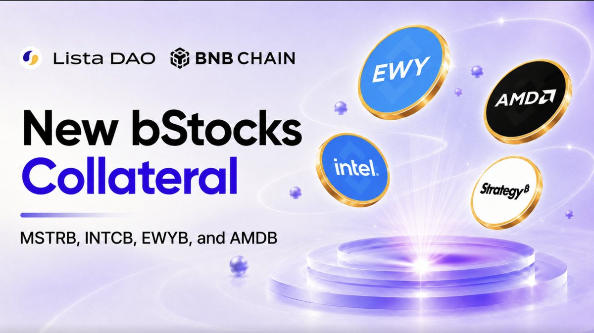 lista_dao's tweet photo. Four new bStocks are now live on Lista.

MicroStrategy ($MSTRB), Intel ($INTCB), iShares MSCI South Korea ETF ($EWYB), and AMD ($AMDB) are now available as collateral on Lista Lending.

Borrow U, USDT and USD1 against them!

https://t.co/8Ymwzzd2VA https://t.co/7T9388l9GD