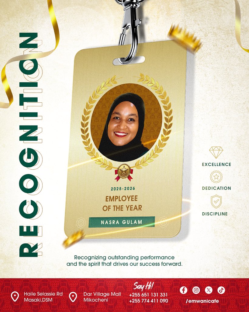 emwanicafe's tweet photo. Emwani Café’s Employee of the Year 2025! 🎉

Your dedication, hard work, and exceptional service have truly made a difference. Thank you for your commitment to excellence and for bringing warmth and positivity to both our team and every guest who walks through our doors. https://t.co/WV1bHGoOlg