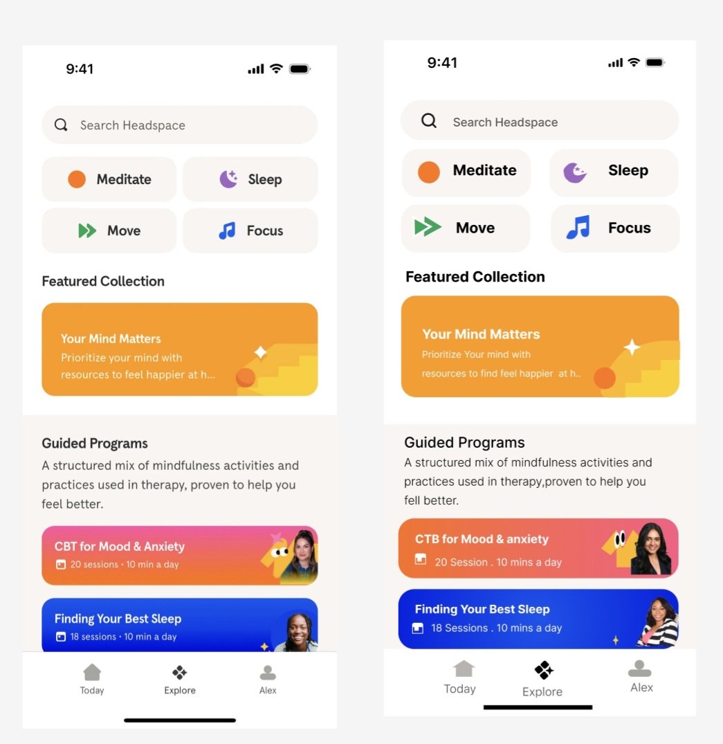 fareeddarh's tweet photo. Replicated the Headspace home screen in Figma as part of a UX/UI task in the NextGen Cohort on the 3MTT/Dare Human Foundation platform.

Original design  Left, My Figma recreation Right
Every challenge teaches me something new, and I'm gradually getting the hang of UI design. https://t.co/1PTLQGk52U