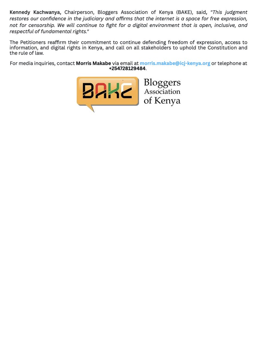 ICJKenya's tweet photo. COURT STRIKES DOWN UNCONSTITUTIONAL PROVISIONS OF KENYA'S CYBERCRIMES AMENDMENT ACT

@ICJKenya, @article19org and @BakeKenya, with the support of @AmnestyKenya, welcome the High Court's landmark ruling declaring key provisions of the Computer Misuse and Cybercrimes (Amendment) Act, 2025 unconstitutional; a significant victory for digital rights, freedom of expression, and media freedom.

In a judgment delivered by Honourable Justice Patricia Nyaundi, the Court struck down Section 6(1) (j)(a) of the amended law, which had empowered the National Computer and Cybercrimes Coordination Committee (NC4) to disable access to websites and applications suspected of hosting content linked to terrorism, violent extremism, child sexual exploitation, and other unlawful activities.

The Court held that the provision granted sweeping censorship powers to an administrative body without adequate safeguards, infringing on constitutional protections for freedom of expression and media freedom.

@AMWIK @MediaCouncilK @KenyaEditors @LawSocietyofKe @KituoSheria @Kenyajudiciary @kachwanya @kipdemas @alai_tina 

#DigitalRights #MediaFreedom #FreedomOfExpression #RuleOfLaw

Read the full statement: