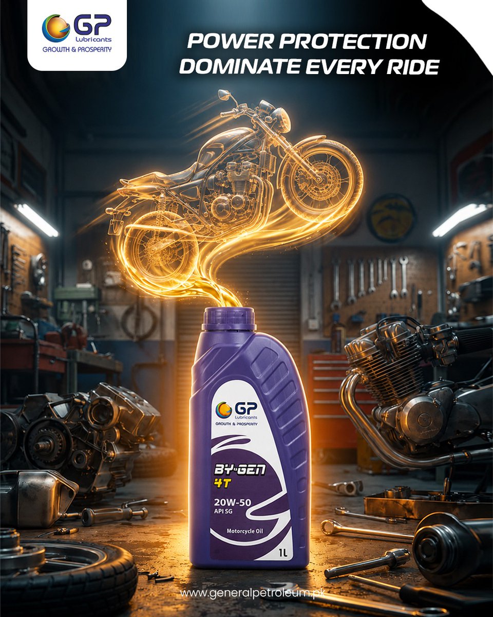 gp_pakistan's tweet photo. (1/3) Power Protection. Dominate Every Ride with GP Lubricants ByGen 4T 20W-50!

Experience superior engine protection, smoother performance, and reliable lubrication for every journey. Keep your motorcycle running at its best with General Petroleum Lubricants ByGen 4T 20W-50. https://t.co/yG1dP7XLAi