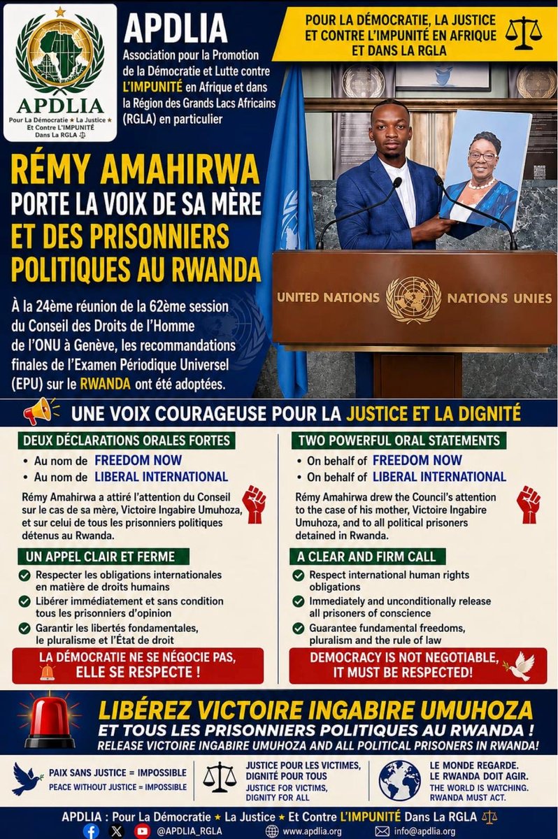 TEAMINKINGI's tweet photo. A Rwandan mother imprisoned for her political beliefs and her advocacy for #democracy.

Stand with those who believe in #freedom, #justice, and #democracy. Together, let us raise our voices: #freeIngabireUmuhozaVictoire . 

@hrw @UNHumanRights @amnesty @Europarl_EN @VictoriaJustice @Rwanda_Justice @RwandaJudiciary @jumuiya @prevotmaxime @EmmanuelMacron @US_SrAdvisorAF .