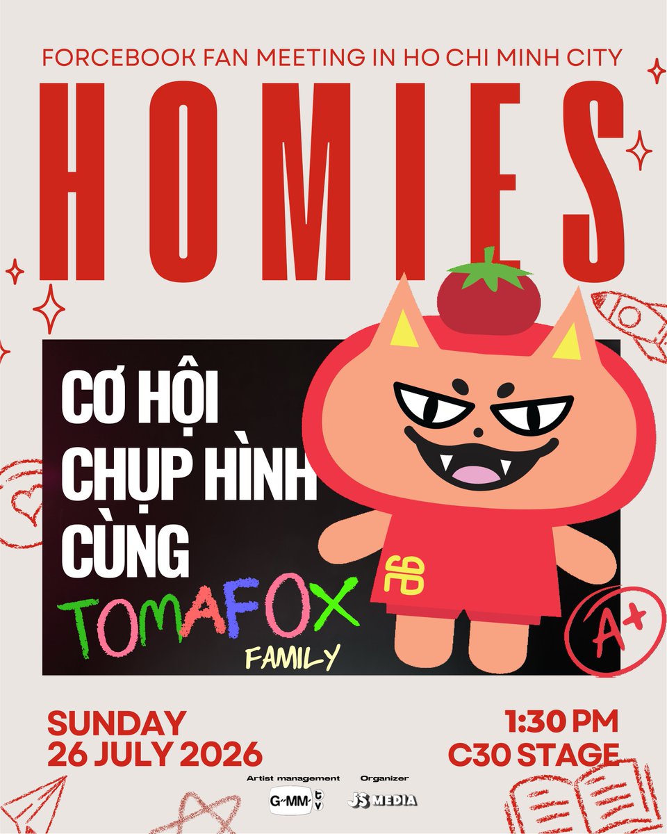 GMMTV's tweet photo. Gặp nhau có thể là do duyên số,
Nhưng ""định mệnh"" này chắc chắn là do ForceBook định ra 🦊🍅

Ngoài seatmap và benefits cực cháy, Fanmeeting lần này đảm bảo sẽ siêu tinh nghịch cùng với sự góp mặt của idol giới trẻ - TOMAFOX ❤️‍🔥

Thời gian - địa điểm rõ ràng, còn chần chờ gì nữa mà không chọn ngay vị trí yêu thích để không bỏ lỡ những bất ngờ có 1-0-2 và cháy hết mình cùng ForceBook tại Fanmeeting sắp tới 😎🤙🏻

HOMIES - FORCEBOOK FANMEETING IN HO CHI MINH CITY
📅 Thời gian: 13h30 ngày 26/07/2026
📍Địa điểm: Sân khấu C30
🎫 Thời gian mở bán vé: 19h00 ngày 07/07/2026 trên Ticketbox

#ForceBookFMinHCMC
#HOMIES #JSMEDIA #Ticketbox
#ForceBook @fforcejs @kasibook 
#TOMAFOX @tomafox_gmmtv 
#GMMTV