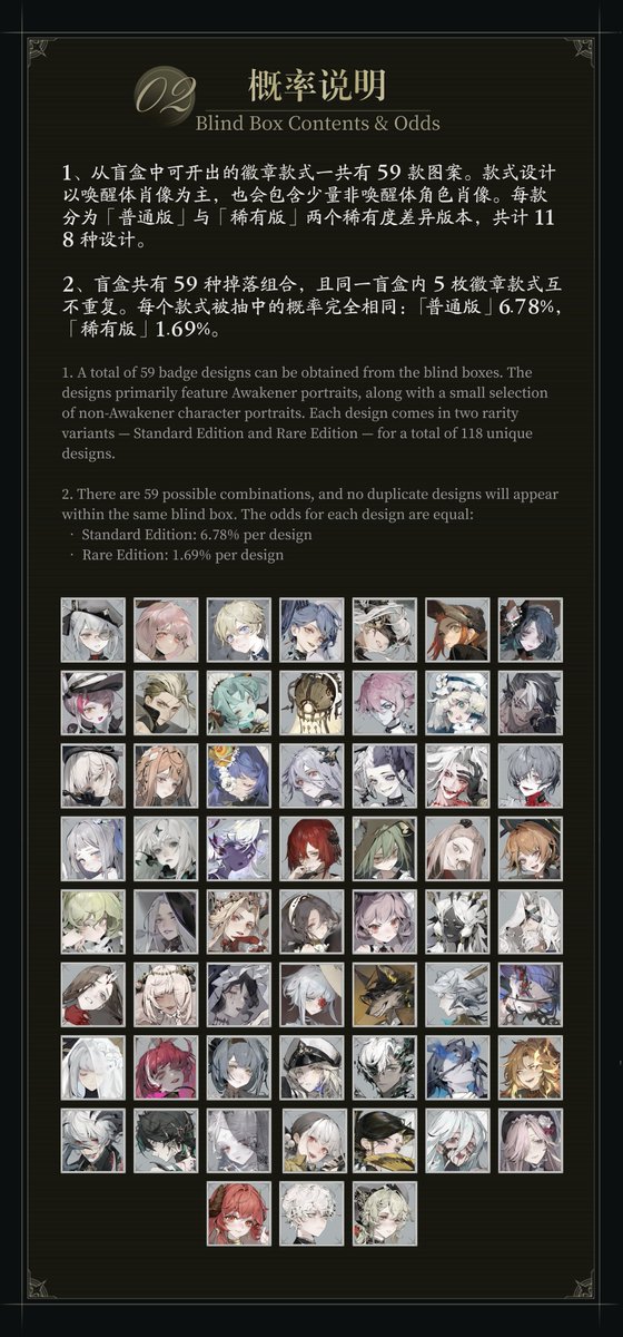 MorimensOfcl's tweet photo. Morimens┊Merch News: "Shadows Adrift" Awakener Badges Pre-order Opens!

⏰ Pre-order Time
July 4, 2026, 12:00 (UTC+8)

🛒 How to Purchase
Copy the link and open it in your browser. Log in to your Taobao account to access the product details page. You can purchase the product once the pre-order begins.
https://t.co/SnKYoYGNNA

🛍️ Merch Details
✦ Available Formats
Each badge blind box contains 4 × "Standard Edition" badges and 1 × "Rare Edition" badge, with no duplicate designs. There are 59 possible combinations in total.

✦ Design Details
A total of 59 designs, primarily featuring Awakener portraits, with a few non-Awakener character portraits. Each design comes in two versions: "Standard" and "Rare", totaling 118 variations.

💡 The current product details page may not be refreshed, so please refer to the long image for accurate product information.
#Morimens