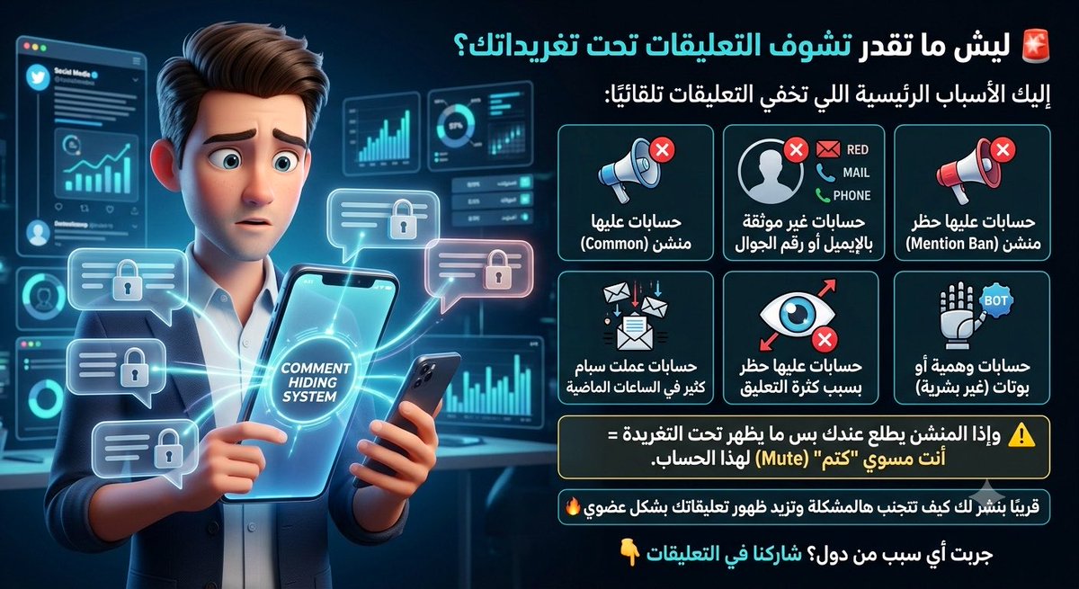 UrgentKut's tweet photo. #نصائح_ترند #نصائح_اكس #تسويق_رقمي 
🚨 ليش ما تقدر تشوف التعليقات تحت تغريداتك؟

إليك الأسباب الرئيسية اللي تخفي التعليقات تلقائيًا:

• حسابات عليها حظر منشن (Mention Ban)
• حسابات غير موثقة بالإيميل أو رقم الجوال
• حسابات عملت سبام كثير في الساعات الماضية
• حسابات عليها حظر ظهور بسبب كثرة التعليق
• حسابات وهمية أو بوتات (غير بشرية)

⚠️ وإذا المنشن يطلع عندك بس ما يظهر تحت التغريدة = أنت مسوي "كتم" (Mute) لهذا الحساب.

قريبًا بنشر لك كيف تتجنب هالمشكلة وتزيد ظهور تعليقاتك بشكل عضوي 🔥

جربت أي سبب من دول؟ شاركنا في التعليقات 👇