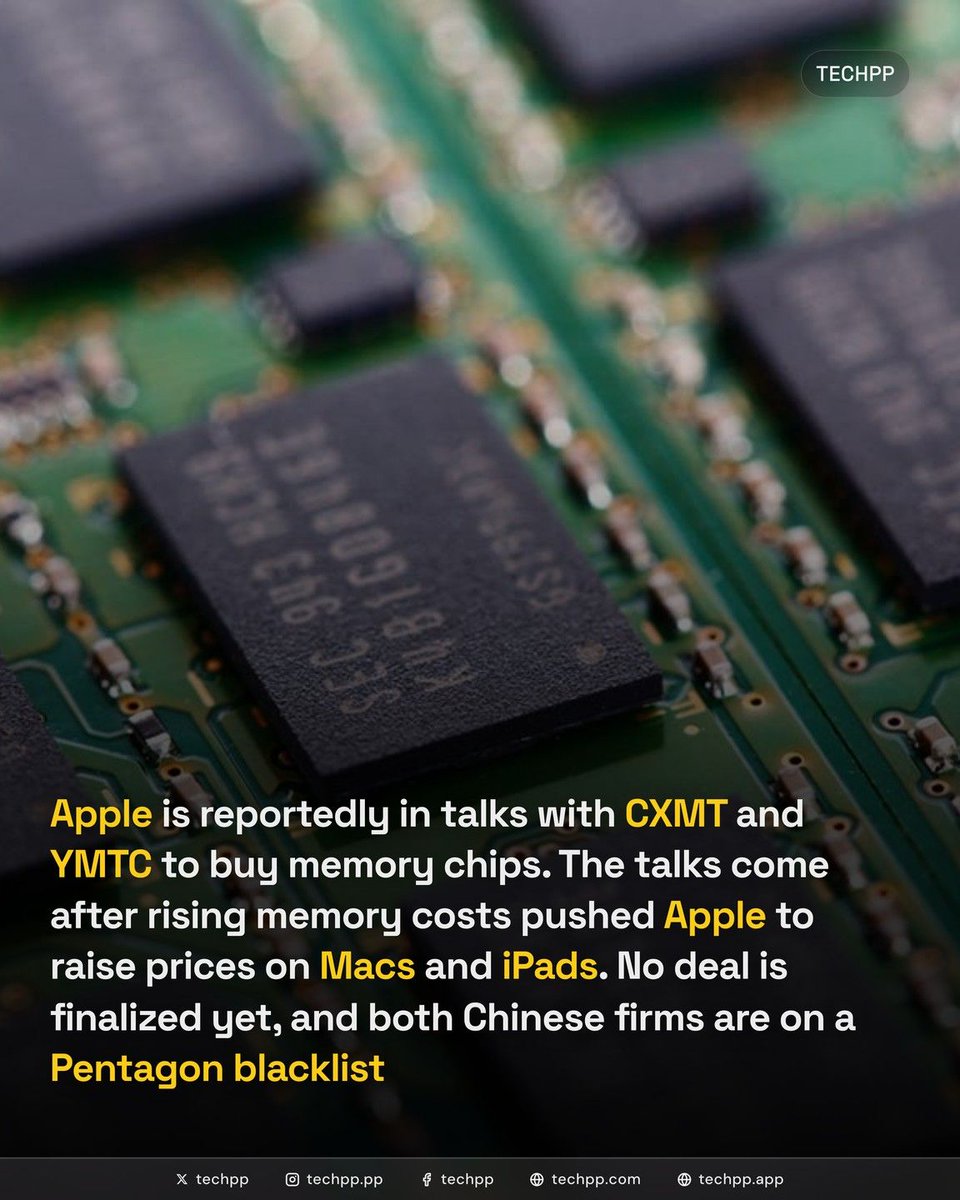 techpp's tweet photo. Apple is reportedly in talks with CXMT and YMTC to buy memory chips. The talks come after rising memory costs pushed Apple to raise prices on Macs and iPads. No deal is finalized yet, and both Chinese firms are on a Pentagon blacklist

#Apple #Leak #CXMT #YMTC #Macs #Mac https://t.co/uKnOhQyx5R