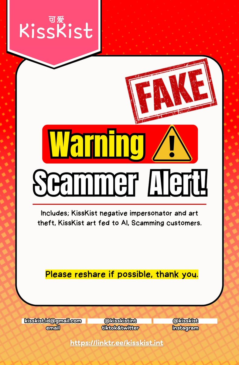 KissKistINT's tweet photo. Please be careful when purchasing items in online shops as there might be counterfeit items. The subject has stolen my art and identity, reproduced it, and made 600+ sales.

I DO NOT allow art theft, identity fraud and as well as feeding my artwork to AI.
>Thread https://t.co/jsaeskZPR6