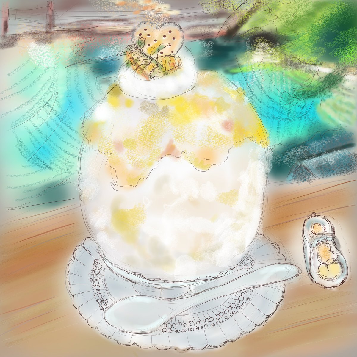 只今展示(*´ε`*)ﾁｭ】とある美味しいかき氷の絵を描きました。 下の絵は