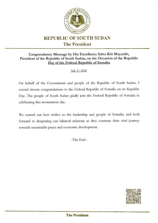 SONNALIVE's tweet photo. President of the Republic of South Sudan H.E. Salva Kiir Mayardit has sent a formal congratulatory message to the Federal Republic of Somalia on the occasion of Republic Day, marking a head-of-state level acknowledgement of Somalia's 66th Independence Day from a fellow IGAD member state and African neighbour.
#Somalia #SONNA #IndependenceDay #SouthSudan #Diplomacy