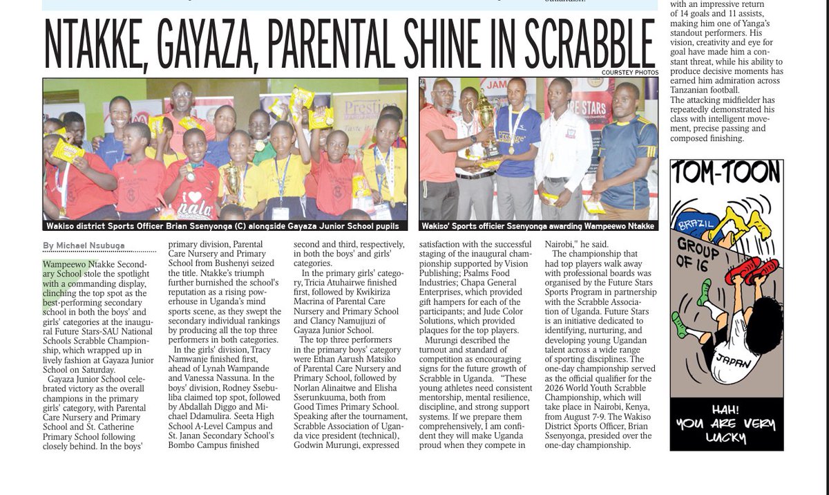FutureStarsUG's tweet photo. It was a memorable weekend for Wampeewo Ntakke Secondary School as they emerged the best-performing secondary school in both the boys' and girls' categories at the inaugural Future Stars–SAU National Schools Scrabble Championship held at Gayaza Junior School. #FutureStarsUG https://t.co/ASQrkkMpuU