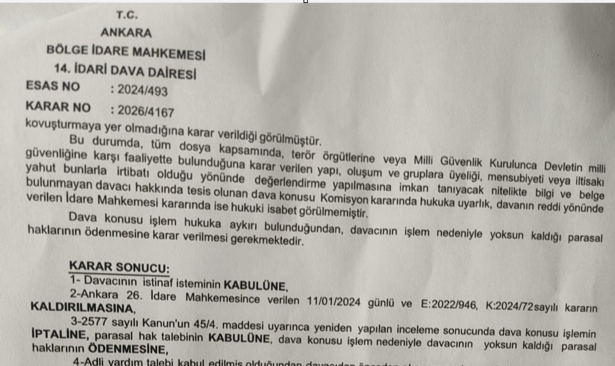 MahmutLevent44's tweet photo. Hakkında kurum kanaati ve Cihan Medya ödemesi olan davacının istinaf talebi Ankara  Bölge İdare Mahkemesi 14. İdari  Dairesince kabul edilerek işe iadesine ve yoksun kaldığı parasal hakların ödemesine karar verilmiştir. Kararı sizlerle paylaşıyoruz.... https://t.co/uSbG4eZSnm