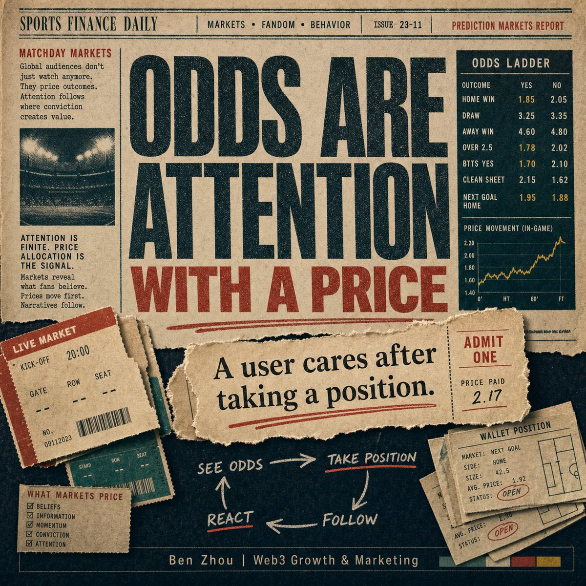 Ben_eth100's tweet photo. Prediction markets make fandom less polite.

Polymarket's 2026 World Cup market is sitting around hundreds of active markets and billions in volume. That is not just people "engaging with sports." It is people pricing their bias in public.

This matters for crypto growth because the wallet action comes before the loyalty story.

A user takes a position, watches the odds move, checks injury news, argues with strangers, then comes back because their money made the match personal.
Most communities try to manufacture belief first. 

Markets make users reveal it.

#PredictionMarkets #WorldCup2026 #MarketPsychology #CryptoRewards