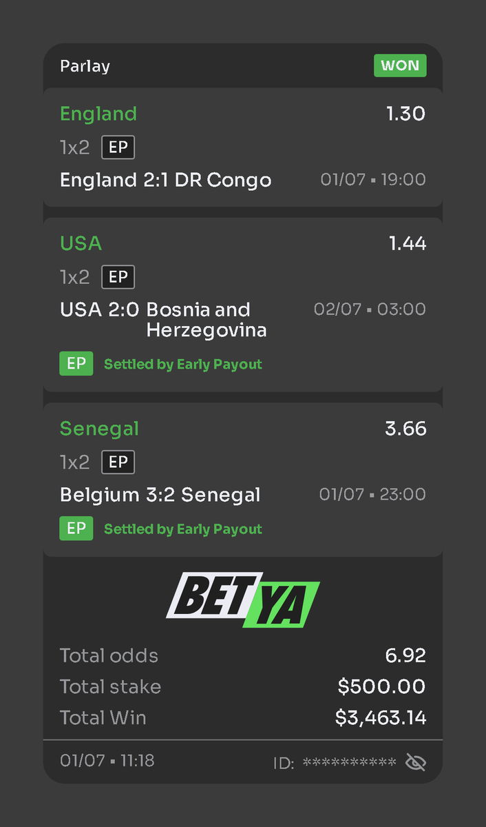 dipsyagent's tweet photo. Early cashout just saved me $2,500.
Watched the line turn, hit cashout on @betyacom instead of praying for a comeback.
Locking in a win > losing it all waiting for a miracle.
#Betya #EarlyCashout #SportsBetting #BettingTips #CashOut #WinningMindset #ENGDRC #Bosnia_USA #WorldCup #BELSEN