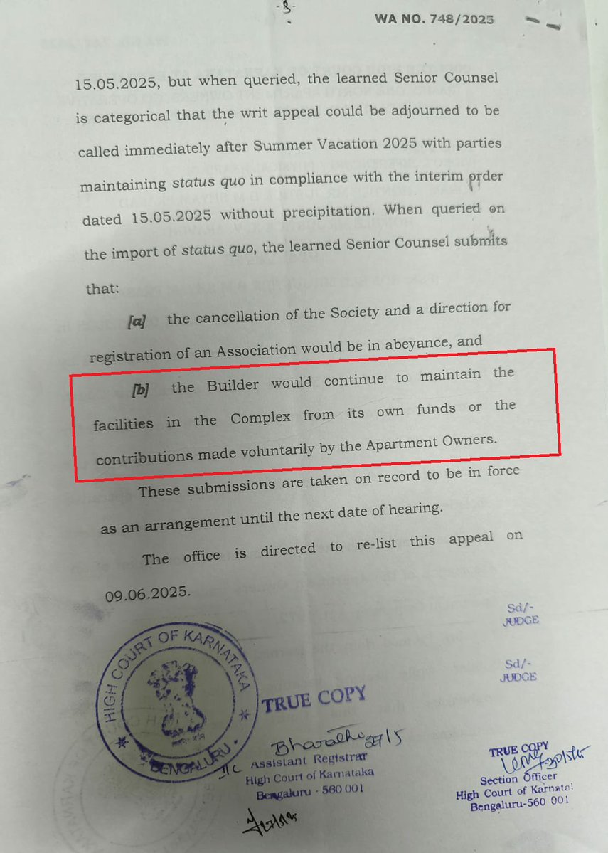 KA_HomeBuyers's tweet photo. Dear Home Buyers, Interesting orders of High Court of Karnataka in Writ Appeal 748/2025, order dated 20.05.2025 where HC directed BUILDER to continue to maintain the common area facilities from its own funds or contributions made voluntarily by apartment owners! https://t.co/uNwBG2Usp4