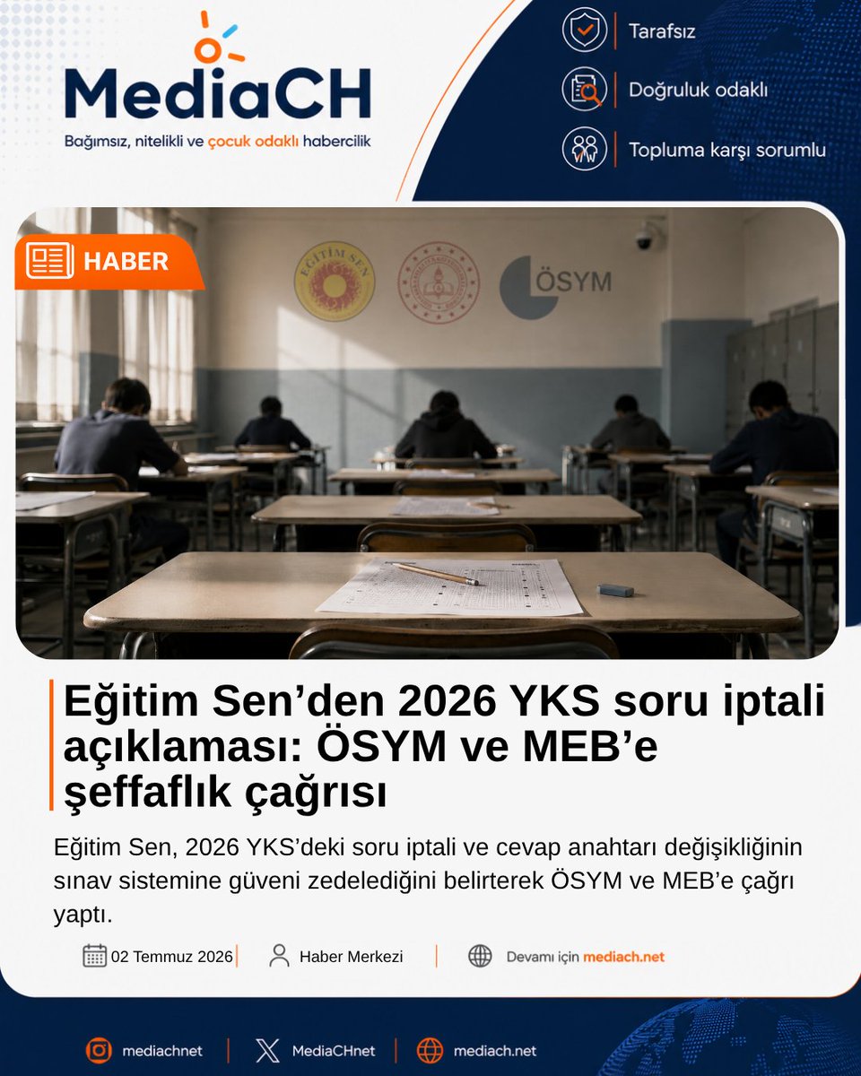 MediaCHnet's tweet photo. Eğitim Sen’den 2026 YKS soru iptali açıklaması: ÖSYM ve MEB’e şeffaflık çağrısı https://t.co/aj536lEx16

#EğitimSen #YKS2026 #ÖSYM #MEB #SınavGüvenliği #EğitimHakkı #ÖğretmenHakları #EğitimdeAdalet https://t.co/43MFkRPkhj