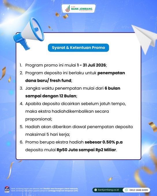 MuhamadImamJul2's tweet photo. Mulai dari Rp50 Juta, kamu sudah bisa nikmati:
✨ Bunga menarik hingga 6,25%
✨ Cashback hingga 0,50% (jutaan rupiah!)
✨ Pilihan tenor fleksibel 6–12 bulan

Gak cuma aman, tapi juga lebih cuan! 🚀

📅 Promo terbatas sampai 31 Juli 2026
Jangan sampai ketinggalan ya! https://t.co/UmHH16ey7i
