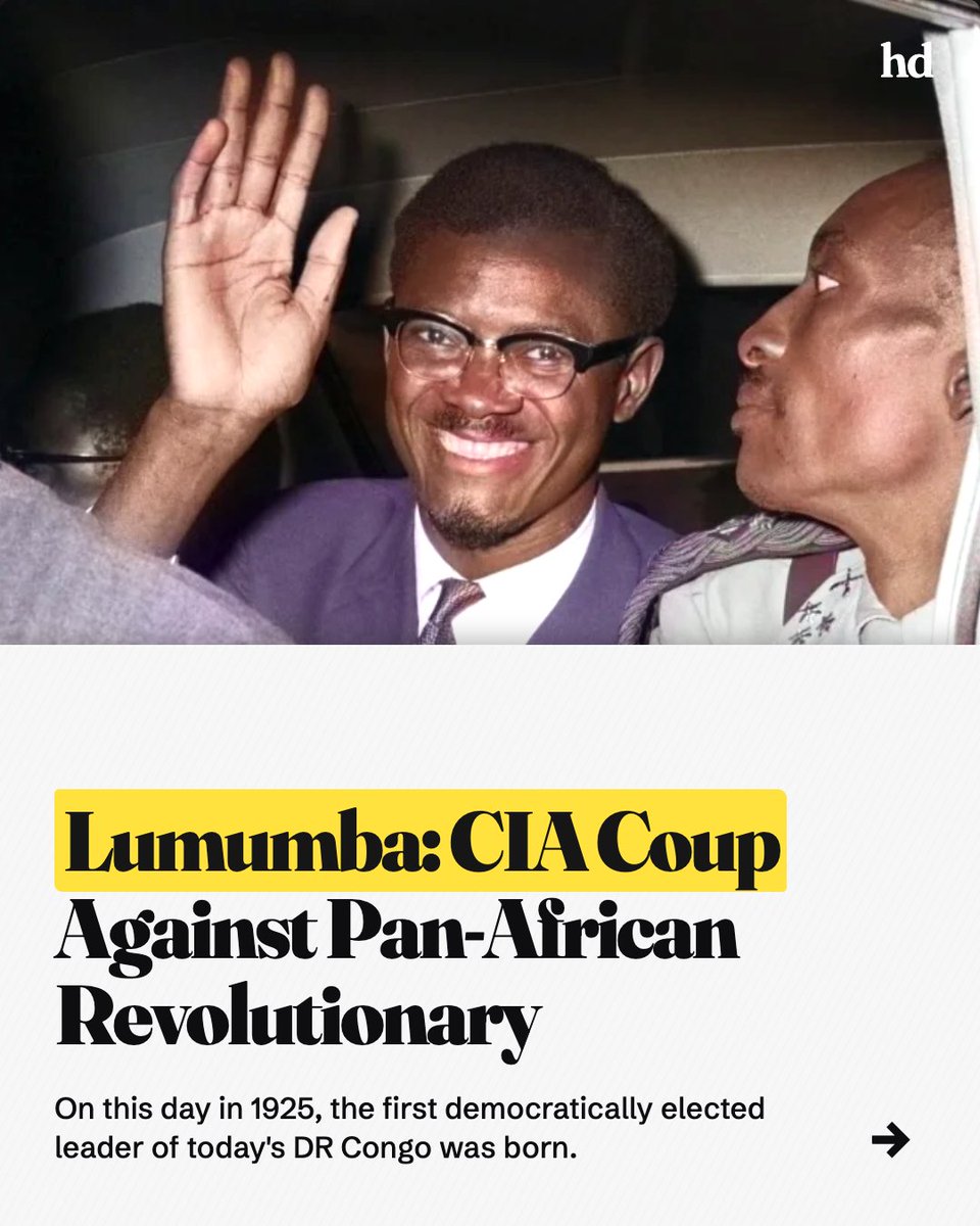 hussedogru's tweet photo. Today is Patrice Lumumba's birthday. 

Congo is not poor. It is robbed. Thats why he was killed within seven months of taking office for one belief: that the Congo's wealth belongs to the Congolese not the Colonizer.

Sixty-five years on, the robbery just changed owners. https://t.co/MokhhwOL1E