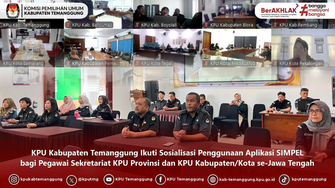 kputmg's tweet photo. #TemanPemilih, jajaran Sekretariat KPU Kabupaten Temanggung mengikuti Sosialisasi Penggunaan Aplikasi SIMPEL bagi ASN KPU Provinsi dan KPU Kabupaten/Kota se-Jawa Tengah secara daring pada Rabu (01/07/2026)
#kputemanggung
#kpumelayani
#SIMPEL https://t.co/UpmFb2wW7z