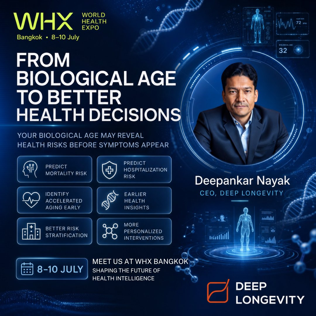Deep_Longevity's tweet photo. 📍Attending #WHXBangkok?

Meet Deepankar Nayak, CEO of Deep Longevity, from 8–10 July.

Discover how AI-powered biological aging clocks can support preventive healthcare, mortality &amp; hospitalization risk prediction, and insurance innovation.

📩 Message us to schedule a meeting. https://t.co/6wiDfL12pS